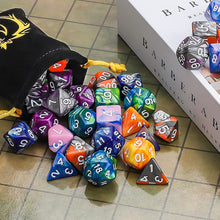 Load image into Gallery viewer, DND Dice Set Polyhedral Dice Set (42 Pcs) with 6 Gold Pattern Drawstring Pouches. Great for Dungeons and Dragons RPG MTG Table Games. 6 X 7 Double-Colors Dice Sets (D4 D6 D8 D10 D% D12 D20 )
