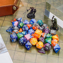 Load image into Gallery viewer, DND Dice Set Polyhedral Dice Set (42 Pcs) with 6 Gold Pattern Drawstring Pouches. Great for Dungeons and Dragons RPG MTG Table Games. 6 X 7 Double-Colors Dice Sets (D4 D6 D8 D10 D% D12 D20 )
