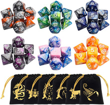 Load image into Gallery viewer, DND Dice Set Polyhedral Dice Set (42 Pcs) with 6 Gold Pattern Drawstring Pouches. Great for Dungeons and Dragons RPG MTG Table Games. 6 X 7 Double-Colors Dice Sets (D4 D6 D8 D10 D% D12 D20 )

