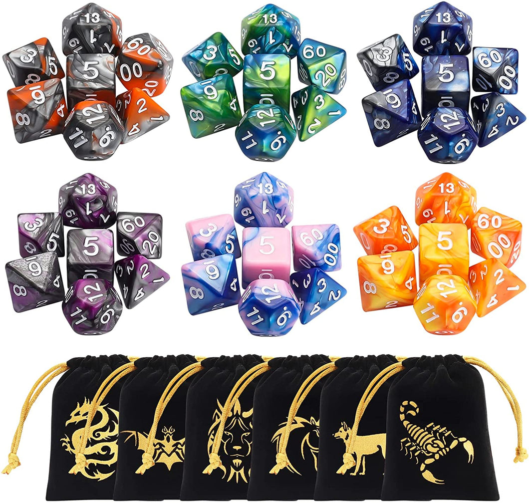 DND Dice Set Polyhedral Dice Set (42 Pcs) with 6 Gold Pattern Drawstring Pouches. Great for Dungeons and Dragons RPG MTG Table Games. 6 X 7 Double-Colors Dice Sets (D4 D6 D8 D10 D% D12 D20 )