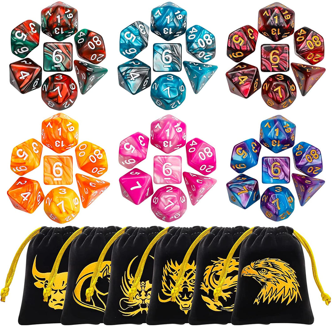 DND Dice Set - 6x7 (42 Pieces) Polyhedral Dice, Double Colors Dice for Dungeons and Dragons Tabletop Role-Playing Games with 6 Black Pouches.
