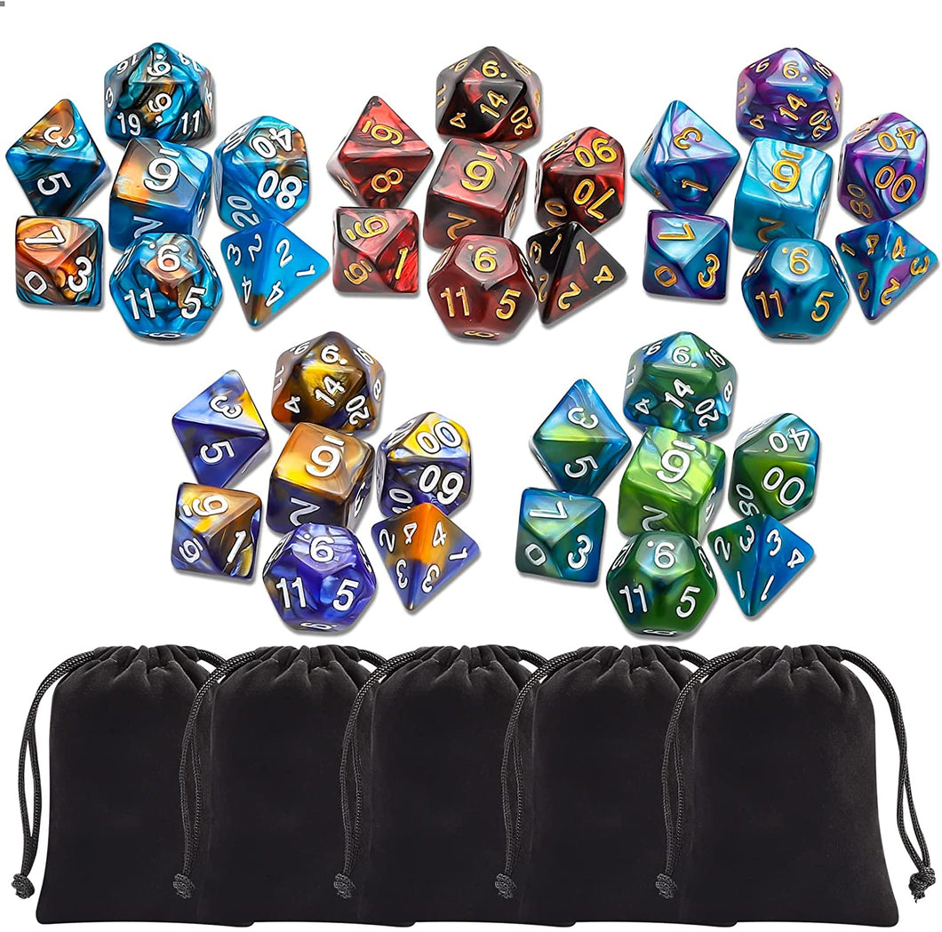 Polyhedral Dice Set (35 Pieces) with Black Pouches, 5 Complete Double-Colors Dice Sets of D4 D6 D8 D10 D% D12 D20 Compatible with Dungeons and Dragons DND RPG MTG Table Games