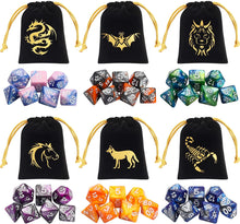Load image into Gallery viewer, DND Dice Set Polyhedral Dice Set (42 Pcs) with 6 Gold Pattern Drawstring Pouches. Great for Dungeons and Dragons RPG MTG Table Games. 6 X 7 Double-Colors Dice Sets (D4 D6 D8 D10 D% D12 D20 )
