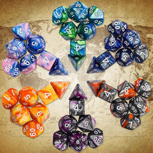 Load image into Gallery viewer, DND Dice Set Polyhedral Dice Set (42 Pcs) with 6 Gold Pattern Drawstring Pouches. Great for Dungeons and Dragons RPG MTG Table Games. 6 X 7 Double-Colors Dice Sets (D4 D6 D8 D10 D% D12 D20 )
