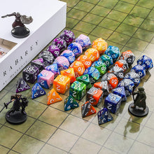 Load image into Gallery viewer, DND Dice Set Polyhedral Dice Set (42 Pcs) with 6 Gold Pattern Drawstring Pouches. Great for Dungeons and Dragons RPG MTG Table Games. 6 X 7 Double-Colors Dice Sets (D4 D6 D8 D10 D% D12 D20 )
